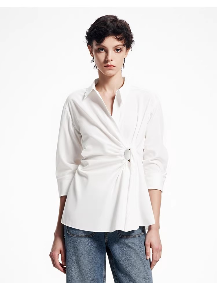 香y同款法式抗皱设计感掐腰v字翻领不规则衬衫