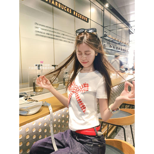 <曾小咸推荐>韩系蝴蝶结百搭短款T恤上衣【预售款，预计3-15天！！】 商品图0