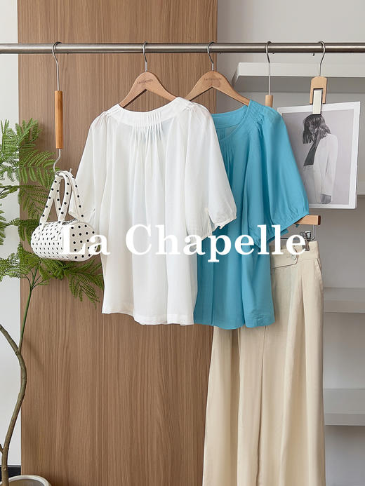 专柜实拍【苎麻+莱赛尔】拉夏贝尔/La Chapelle高奢品质！透气亲肤气质圆领压褶简约净版短袖小衫女 商品图7