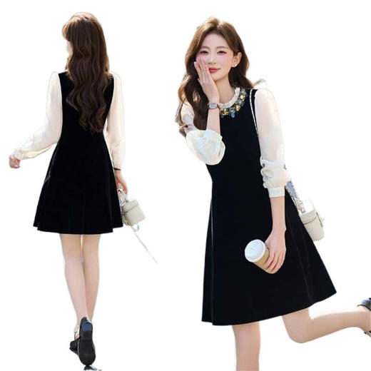 新款时尚气质圆领长袖丝绒连衣裙TSX5080 商品图4