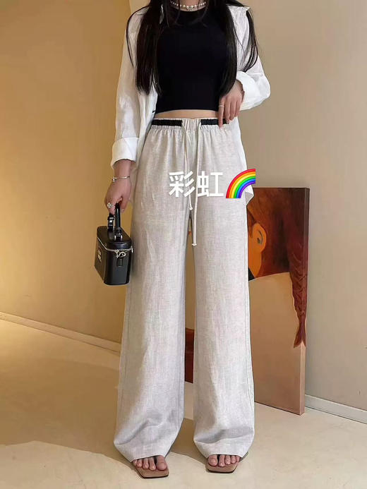 原单新款100%亚麻松紧腰撞色阔腿裤松弛感显瘦中高腰（建议手洗，禁止大太阳暴晒） 商品图1