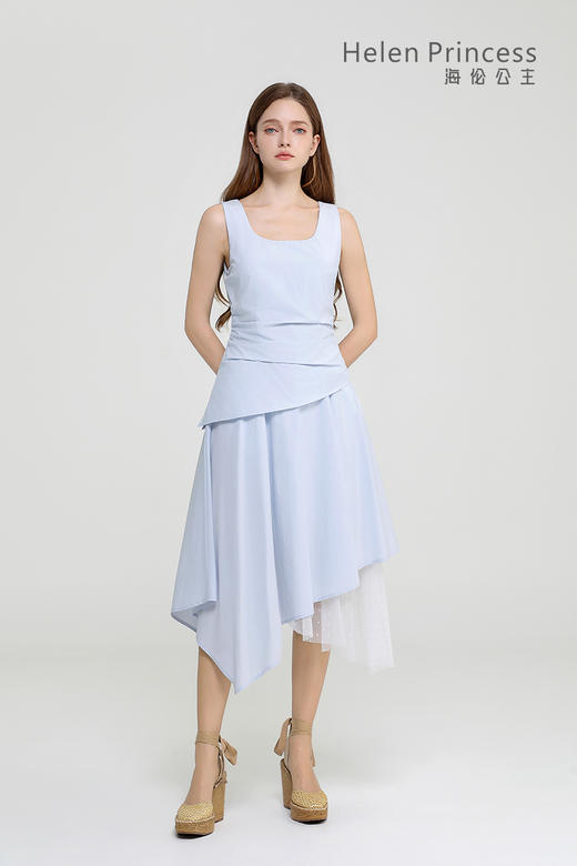 方领收腰不规则连衣裙 商品图1