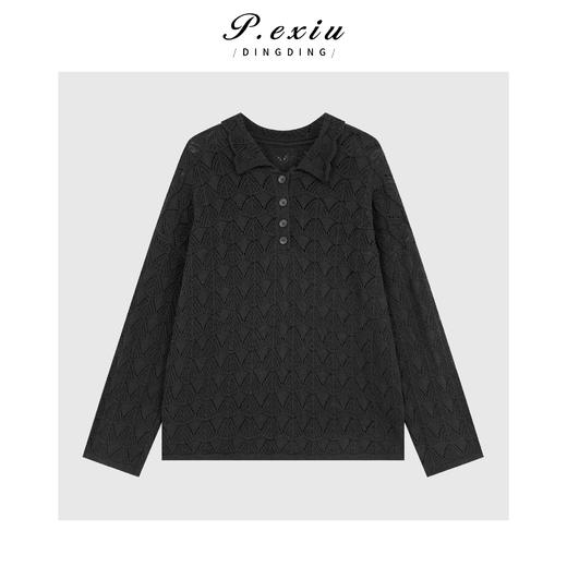 04-2潘依绣丁丁宠粉 复古松弛慵懒风镂空Polo领针织长袖上衣Q52463 商品图0