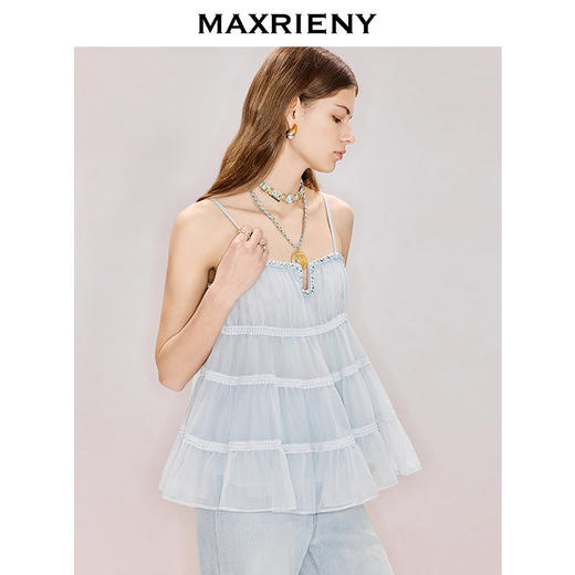 MAXRIENY雾蓝色背心吊带2026年春季新款手工钉钻无袖肌理感上衣(货号:MF80TP011) 商品图2