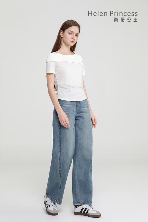 一字翻领收腰 T 恤 商品图2