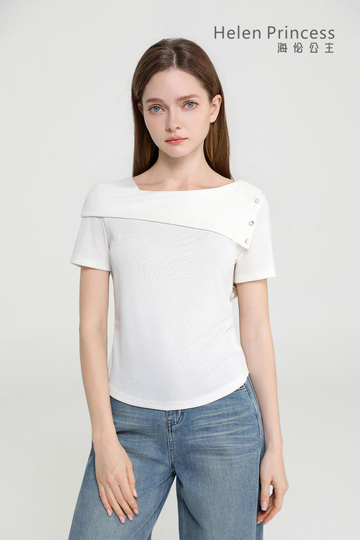 一字翻领收腰 T 恤 商品图0