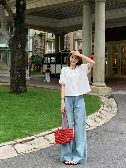 专柜实拍【苎麻+莱赛尔】拉夏贝尔/La Chapelle高奢品质！透气亲肤气质圆领压褶简约净版短袖小衫女 商品图5