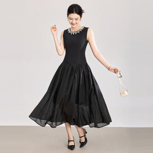 「高货wl」全新升级【铂金会员349/天猫469/差价120】(04427)洛诗琳气质重工钉珠连衣裙2026新款天丝绉纱收腰茶歇裙女 商品图1