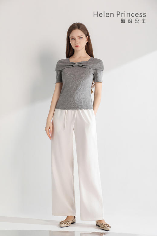 一字肩扭结方领短袖上衣 商品图2