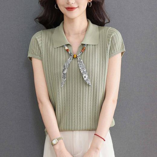 「自」全新升级【铂金会员174/天猫229/差价55】(02702)洛诗琳气质POLO领针织短袖女2026新款飘带镂空冰丝通勤T恤 商品图1