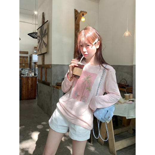 <曾小咸推荐>韩系甜美圆领粉色印花长袖T恤【预售款，预计3-15天！！】 商品图3