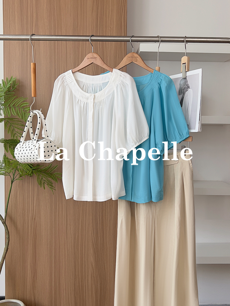 专柜实拍【苎麻+莱赛尔】拉夏贝尔/La Chapelle高奢品质！透气亲肤气质圆领压褶简约净版短袖小衫女