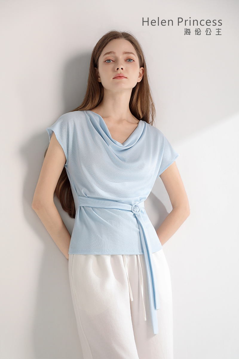 雅致荡领飘带收腰上衣