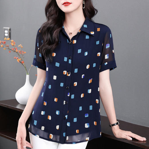 新款洋气雪纺衫女夏季中长款短袖衬衫高级感上衣大码宽松显瘦女装 商品图1