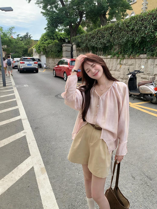 专柜实拍【凉感天丝！】拉夏贝尔/La Chapelle温柔淑女！轻盈气质~插肩袖袖口盘扣设计感长袖衬衫外搭罩衣 商品图1