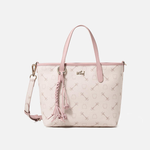WHY桃桃粉满印钥匙盾牌纹手提托特包 大容量通勤女包 轻奢甜美风 编织流苏装饰 日常/逛街/约会百搭YAP1171002Z 商品图2