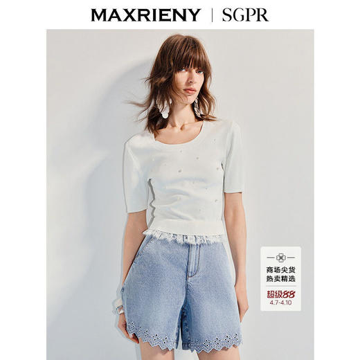 【SGPR】钉珠拼接下摆蕾丝套头针织衫25夏修身上衣女(货号:MU86SW266) 商品图0