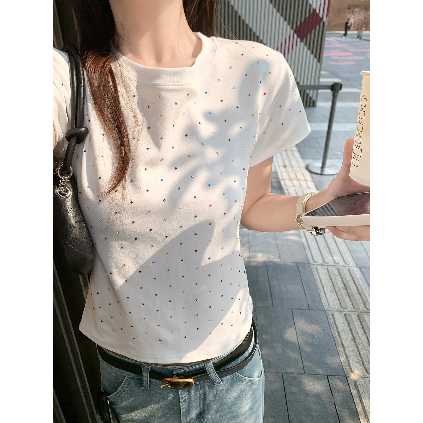 <曾小咸推荐>【4/7-4/9一件88折拍2件8折】彩色波点正肩圆领短袖T恤上衣