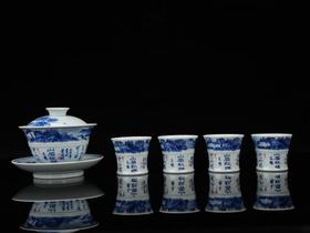 青花山水竹节书法茶具套组