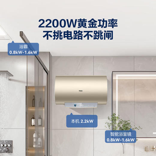 海尔（Haier） 60升电热水器  一级能效 出水断电 专利防电墙 双重安全 2200W功率 手机wifi远程智控  EC6001H-JA3金U1 商品图1