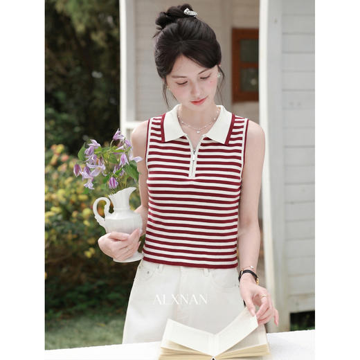 鹿向南【0405/20:00新品前1小时7折限量100件】条纹拉链翻领背心 商品图1