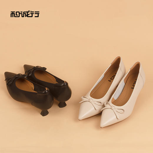 和诚行2026夏季新款气质百搭轻便蝴蝶结舒适浅口中跟单鞋0010589 商品图2