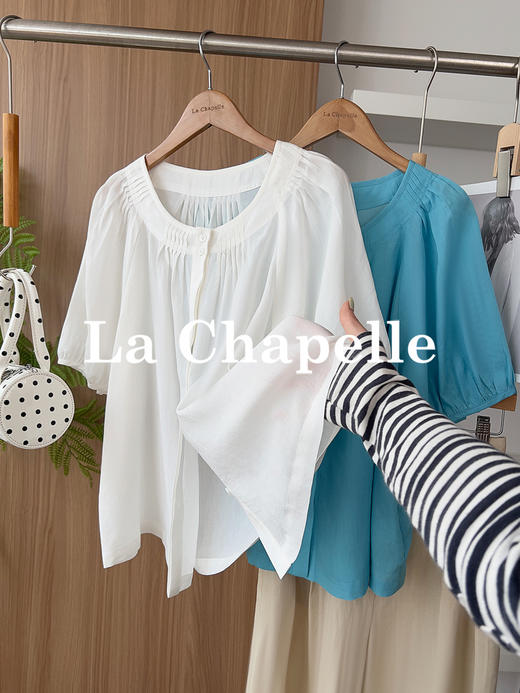 专柜实拍【苎麻+莱赛尔】拉夏贝尔/La Chapelle高奢品质！透气亲肤气质圆领压褶简约净版短袖小衫女 商品图8