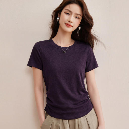 「自j」全新升级【铂金会员119/天猫159/差价40】(01426)洛诗琳小蛮腰兰精天丝T恤2026新款圆领褶皱显瘦收腰短袖上衣 商品图2