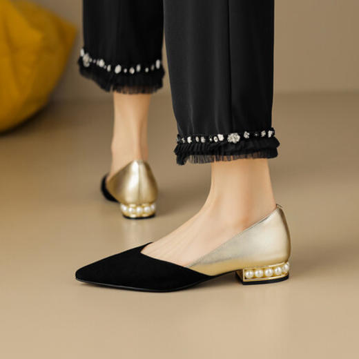 【预售7天】韩系高级感牛皮珍珠银色单鞋舒适又洋气尖头粗跟小个子上班鞋DQ&DQ623 商品图3