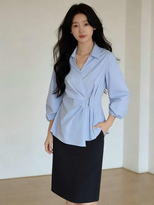 香y同款法式抗皱设计感掐腰v字翻领不规则衬衫 商品图10