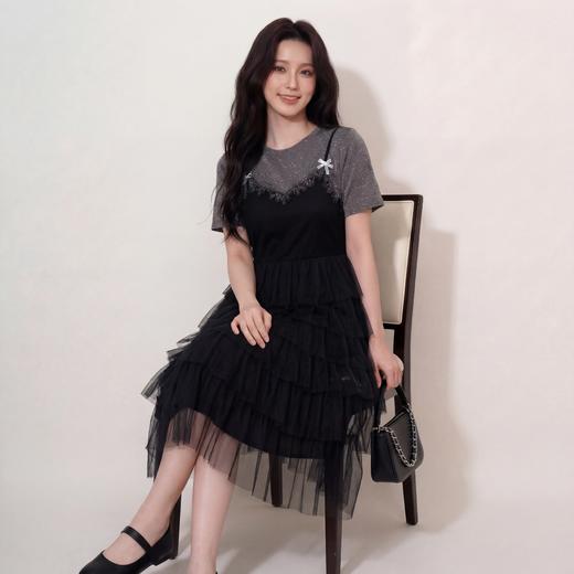 奢姿大码女装2026夏季假两件拼色网纱蛋糕裙胖妹妹遮肉气质长裙9962854701 商品图2