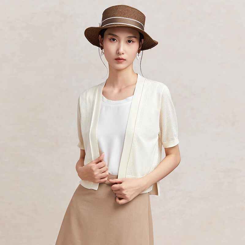 Famecoco范可儿短袖针织开衫女士夏季外搭短款薄外套FAC3DE008