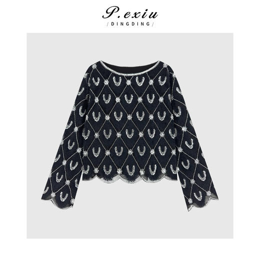 04-2潘依绣丁丁宠粉 法式名媛风手工钉珠高级感双层长袖上衣 Q28202 商品图0