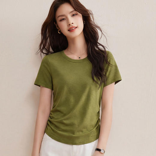 「自j」全新升级【铂金会员119/天猫159/差价40】(01426)洛诗琳小蛮腰兰精天丝T恤2026新款圆领褶皱显瘦收腰短袖上衣 商品图1