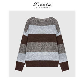 04-2潘依绣丁丁宠粉 山羊绒绵羊毛慵懒风撞色条纹圆领长袖针织上衣Q26574
