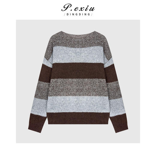 04-2潘依绣丁丁宠粉 山羊绒绵羊毛慵懒风撞色条纹圆领长袖针织上衣Q26574 商品图0