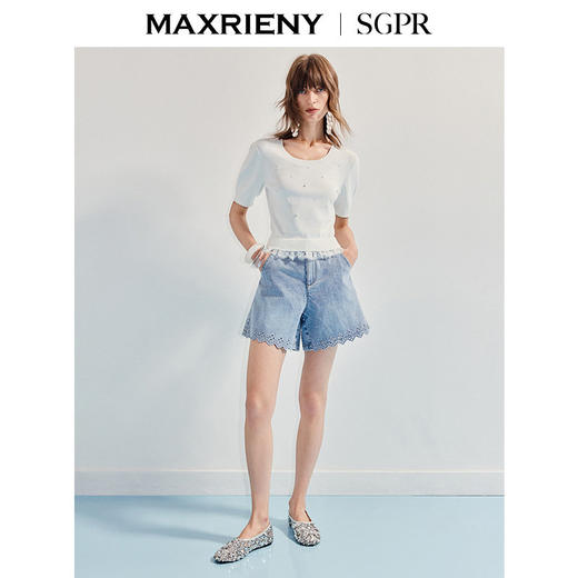 【SGPR】钉珠拼接下摆蕾丝套头针织衫25夏修身上衣女(货号:MU86SW266) 商品图1