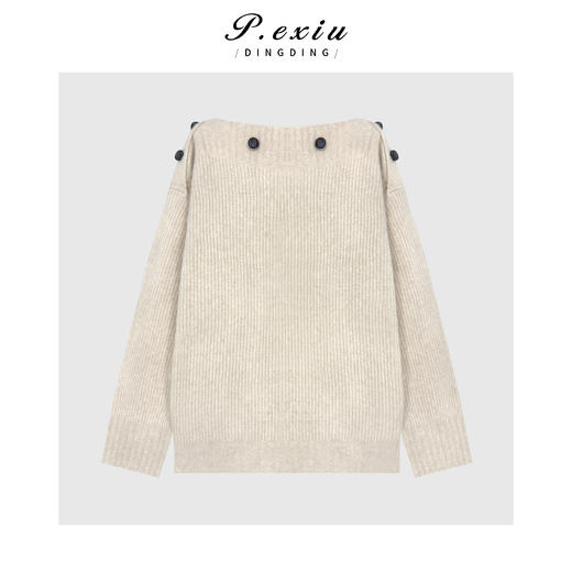 04-2潘依绣丁丁宠粉 羊驼毛羊毛设计感纽扣一字肩软糯长袖针织上衣Q16448 商品图0