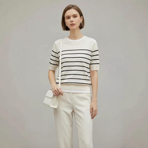 「自」全新升级【铂金会员146/天猫199/差价53】(14348)洛诗琳气质天丝圆领条纹短袖2026新款休闲百搭显瘦针织T恤 商品图1