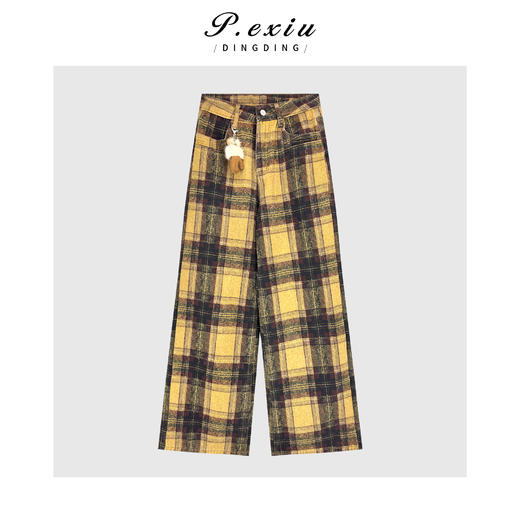 04-2潘依绣丁丁宠粉 复古撞色格纹氛围感磨绒直筒休闲牛仔裤Q65421 商品图0