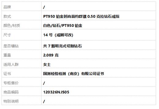 莱绅通灵PT950铂金时尚简约群镶0.50克拉钻石戒指14号（戒圈可改）120326NJS05 商品图8