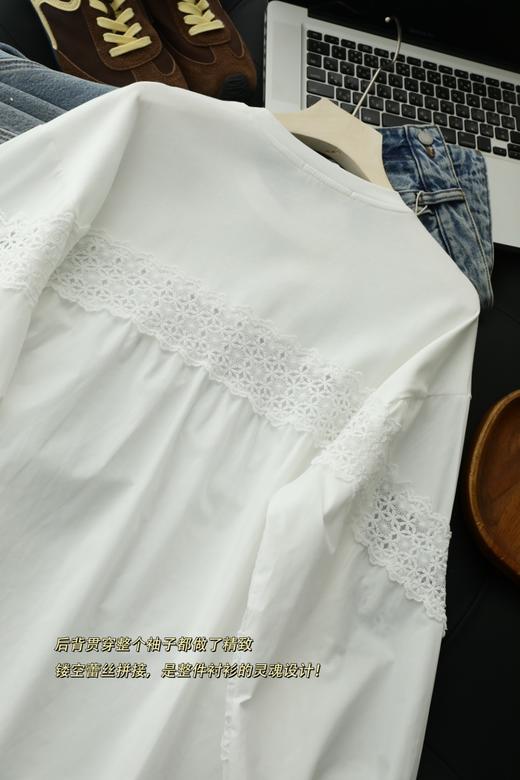 绵白氧气~白色圆领拼接蕾丝镂空喇叭袖宽松上衣 商品图12