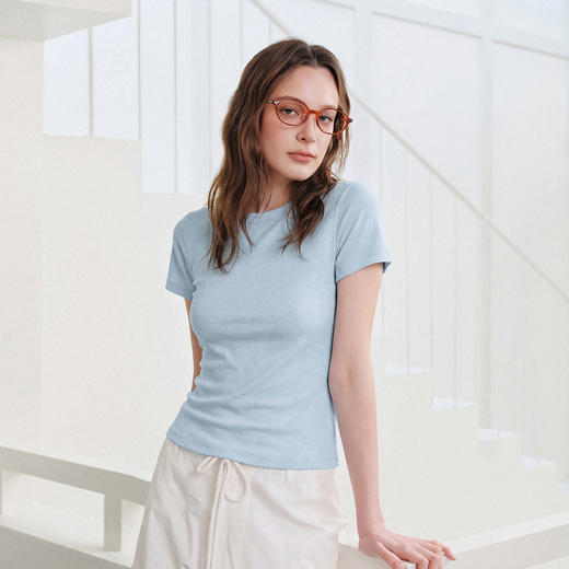 714street夏季老钱针织上衣莱赛尔美丽诺羊毛混纺修身短袖T恤女款 商品图2