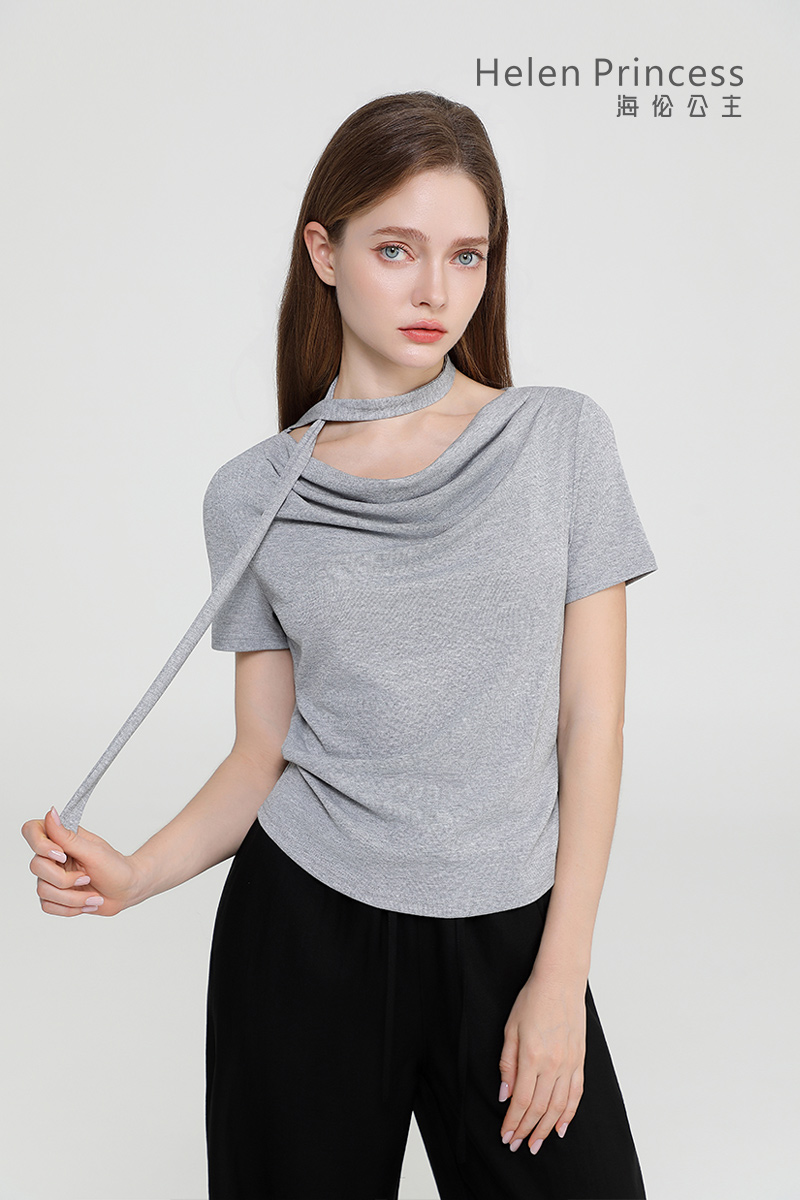 荡领飘带收腰上衣