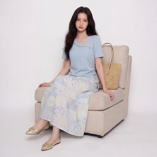 奢姿大码女装2026夏季抽绳减龄印花两件套胖妹妹斜领甜美时尚套装9962994566 商品图2