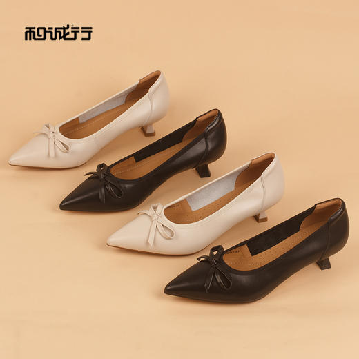 和诚行2026夏季新款气质百搭轻便蝴蝶结舒适浅口中跟单鞋0010589 商品图0