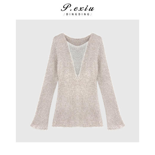04-2潘依绣丁丁宠粉 高级感重工链条气质流苏亮闪闪V领长袖针织上衣Q60015 商品图0