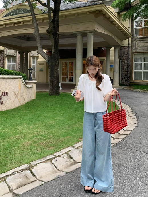 专柜实拍【苎麻+莱赛尔】拉夏贝尔/La Chapelle高奢品质！透气亲肤气质圆领压褶简约净版短袖小衫女 商品图4