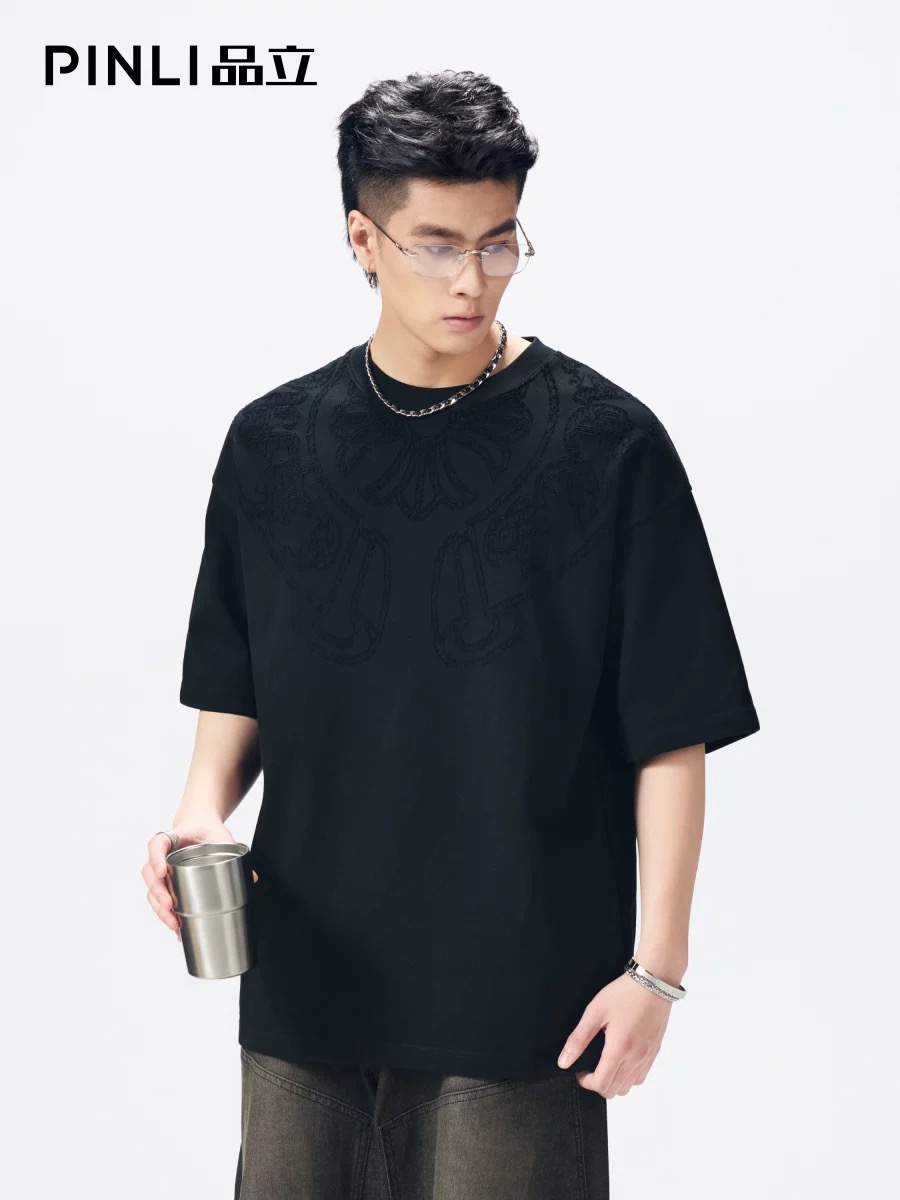 PINLI品立2026夏季新款男士宽松圆领激光烧花短袖T恤休闲上衣潮牌GD262111016