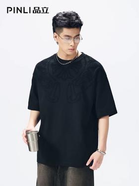 PINLI品立2026夏季新款男士宽松圆领激光烧花短袖T恤休闲上衣潮牌GD262111016